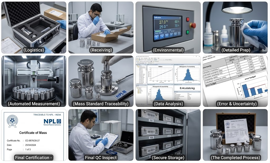12-step calibration process grid: logistics, receiving, prep, automated measurement, traceability, and final certification